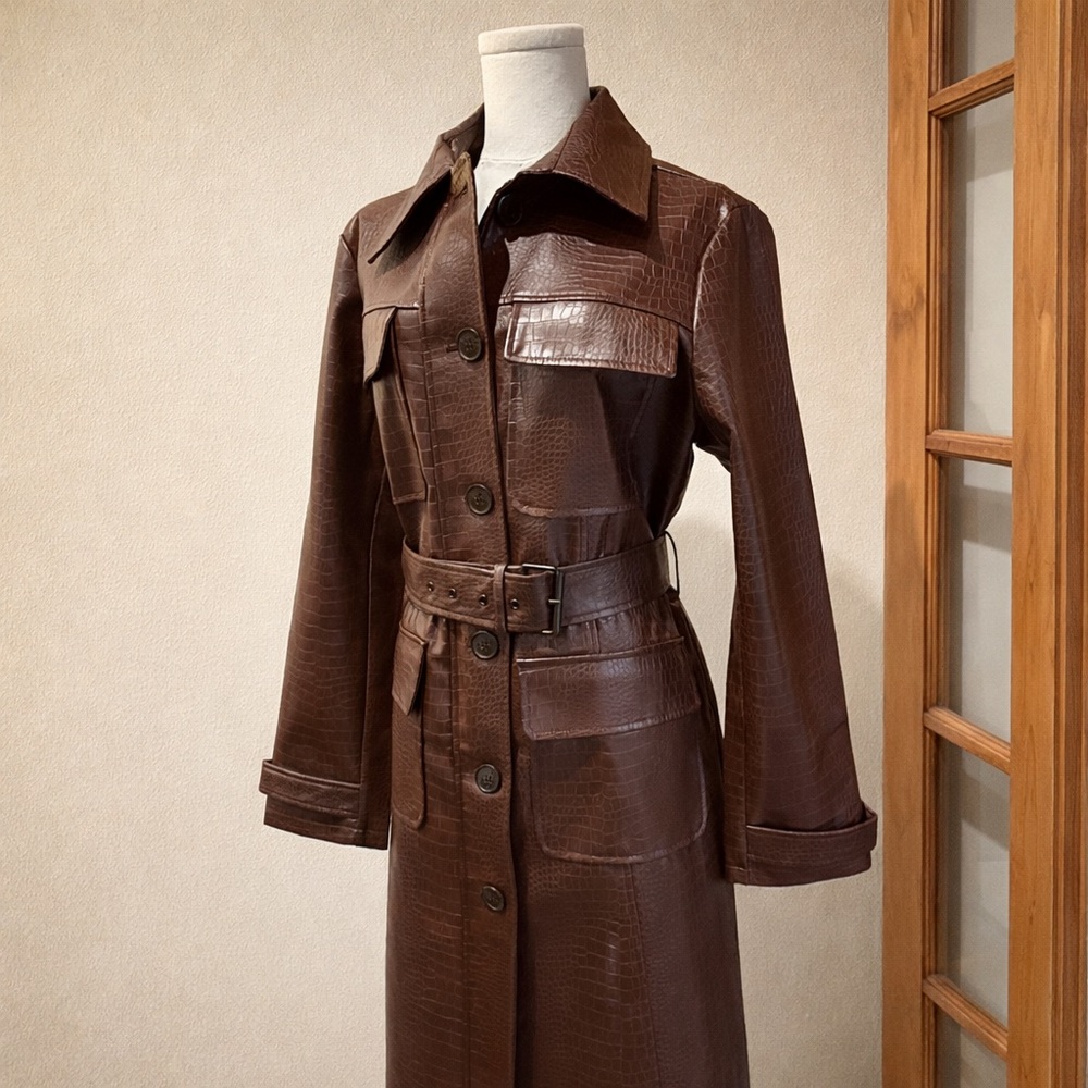❄️Jason Wu Croc Embossed Faux Leather Belted Coat NWT Brown XS Luxe Trench